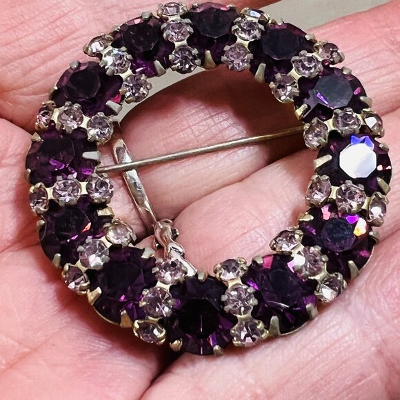 Vintage 50-60s Flower Wreath Brooch Amethyst Clear Rhinestones, Clip-on Earrings - Picture 2 of 5
